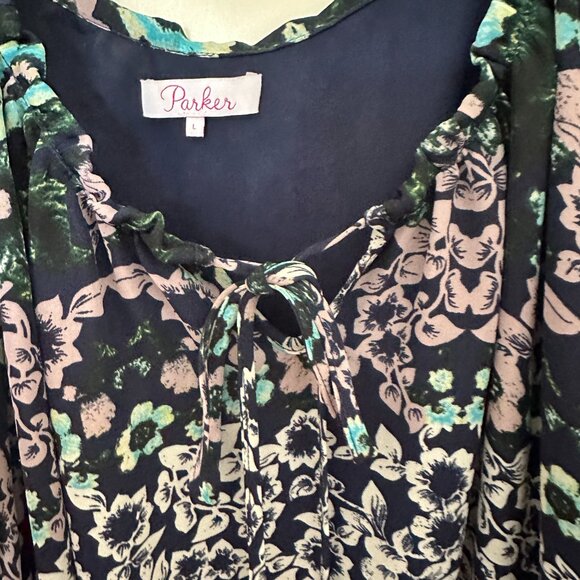 Parker Ruffled Neckline Drop Waist Dress Long Ruffled Sleeve Size L Black Floral - Picture 2 of 4